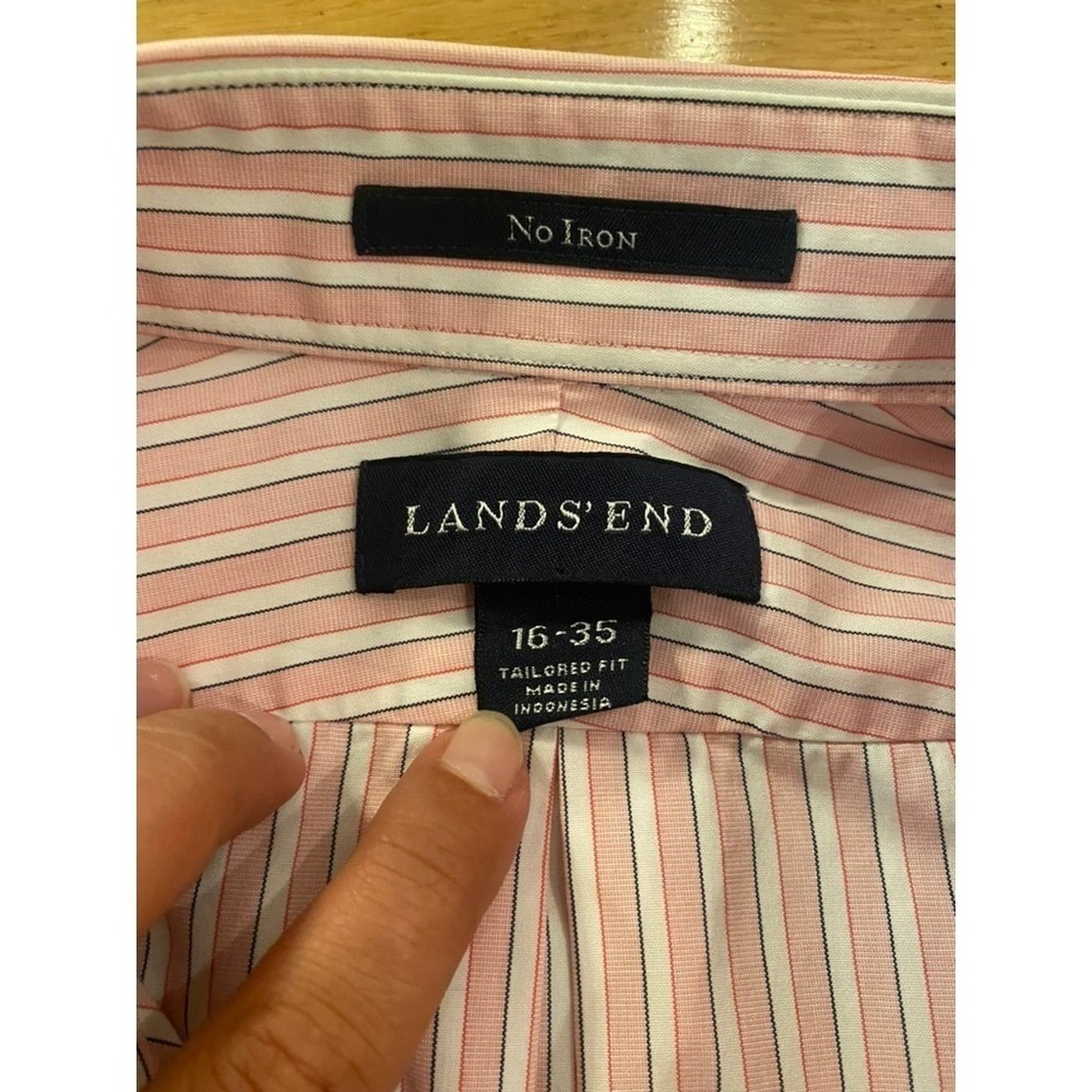 Lands End Mens Tailored Fit No Iron Striped Dress Shirt Pink White 16-35 - Picture 3 of 6